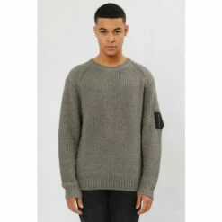 Religion Green Chunky Knit Jumper With Zip Pocket On Arm