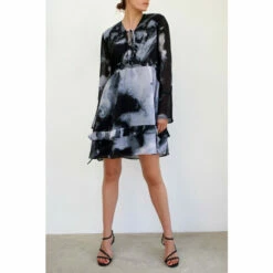 Religion Black A Line Ashley Tunic Dress With Frill Hem In Abstract Cloud Print
