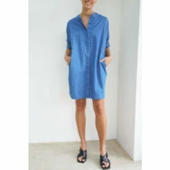 Religion Blue Chambre Denim Tunic Mini Dress With Stud Details