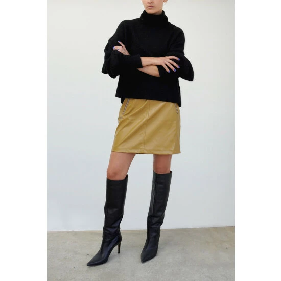 Religion Mustard Faux Leather Mini Skirt With Zip Pockets 2 Religion Mustard Faux Leather Mini Skirt With Zip Pockets - Image 2