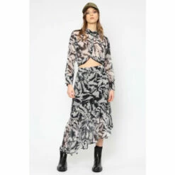 Religion Black Assymetric Midi Dazzle Skirt In Nude And Black Print