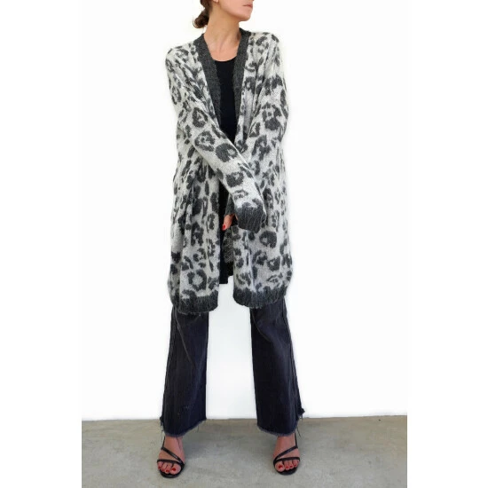 Religion Grey Long Line Knitted Cardigan In Fluffy Animal Jacquards 1 Religion Grey Long Line Knitted Cardigan In Fluffy Animal Jacquards