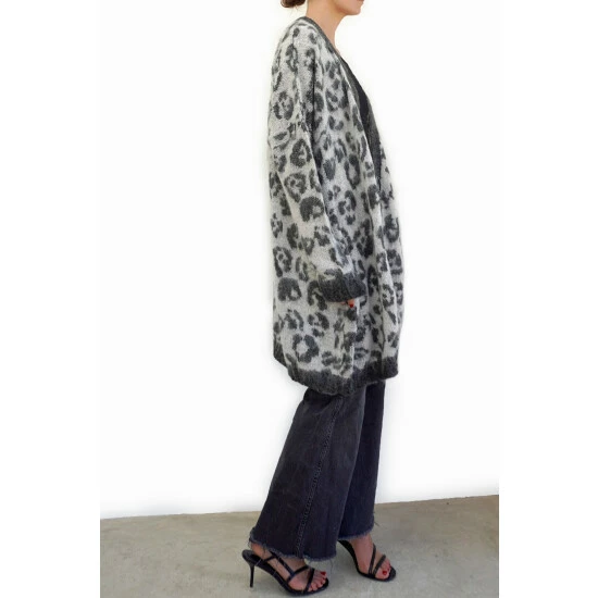 Religion Grey Long Line Knitted Cardigan In Fluffy Animal Jacquards 2 Religion Grey Long Line Knitted Cardigan In Fluffy Animal Jacquards - Image 2