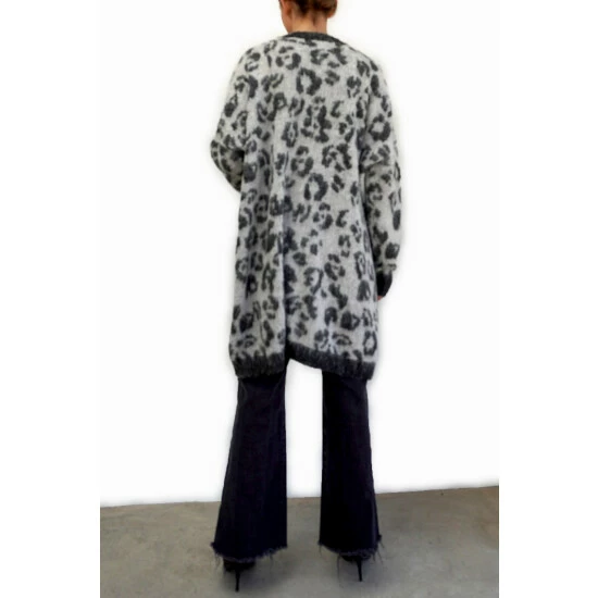 Religion Grey Long Line Knitted Cardigan In Fluffy Animal Jacquards 3 Religion Grey Long Line Knitted Cardigan In Fluffy Animal Jacquards - Image 3