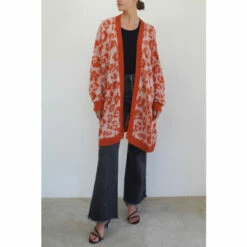 Religion Orange Long Line Knitted Cardigan In Fluffy Animal Jacquards