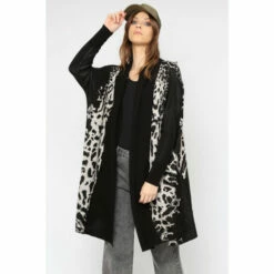 Religion Brown Long Line Soft Cotton Glitch Cardigan With Animal Pattern