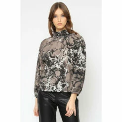 Religion Brown Batwing Bold Roll Neck Top In Abstract Camo Print