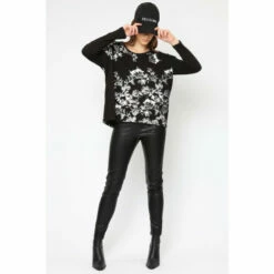 Religion Black Long Sleeve Jersey Top With X Ray Flower Print