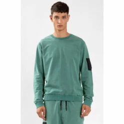 Religion Green Fitted Crew Neck Sweat Featuring Patch Zip Pocket.