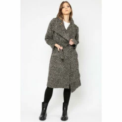 Religion Brown Leopard Printed Ultra Wool Mix Coat With Large Collar And Belt