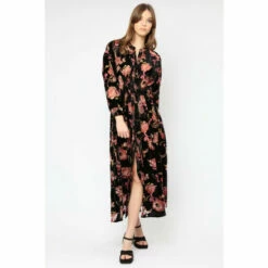 Religion Black Floral Velvet Energy Shirt Dress With Tie Waist