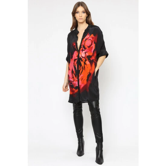 Religion Red Bold Red Flower Strike Tunic Dress In Slinky Cupro With Pockets 1 Religion Red Bold Red Flower Strike Tunic Dress In Slinky Cupro With Pockets