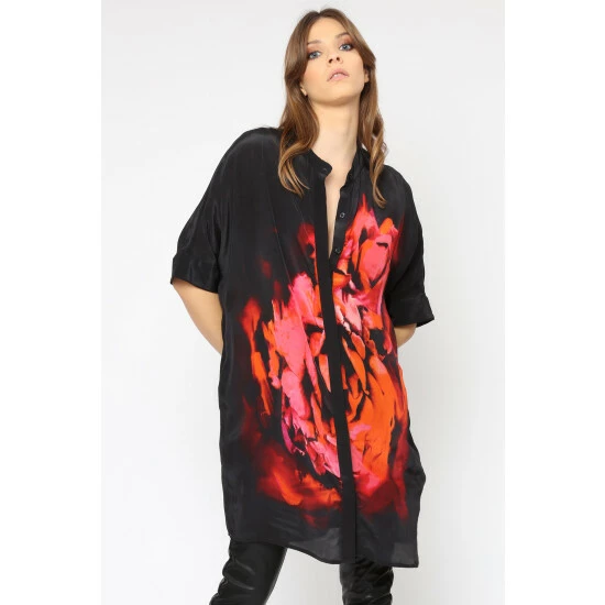 Religion Red Bold Red Flower Strike Tunic Dress In Slinky Cupro With Pockets 2 Religion Red Bold Red Flower Strike Tunic Dress In Slinky Cupro With Pockets - Image 2